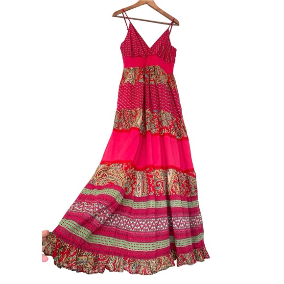 Le Grenier Dresses & Skirts - NEW Grenier Boho Maxi Dress Red Tiered Flowy Spaghetti Straps Paisley Medium Tan